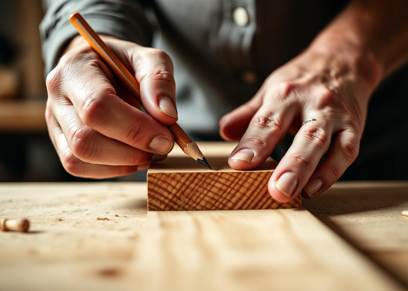Carpenter marking timber with a pencil