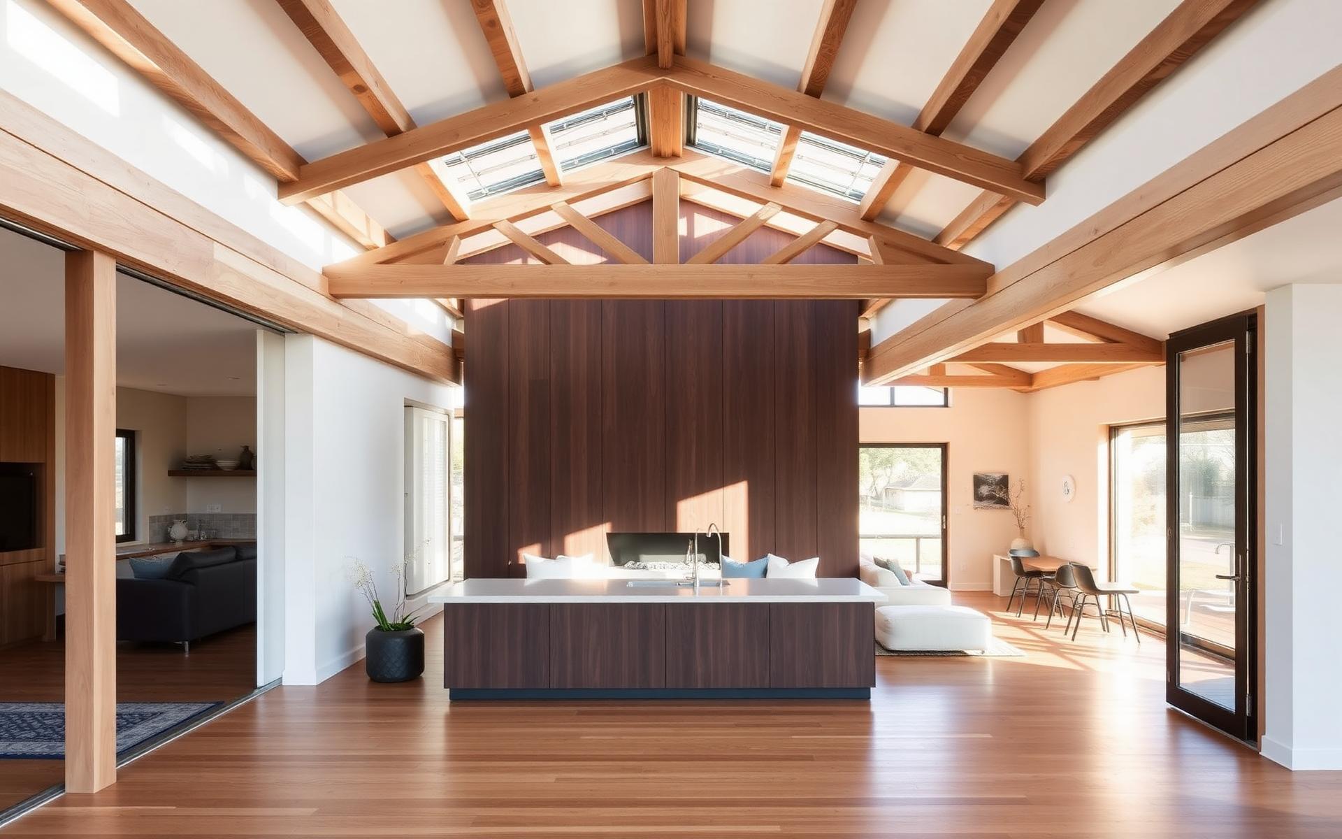 Renovated Australian home interior with exposed timber beams